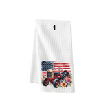 Tractor Designs with Flag on waffle towel - Farm Kitchen Waffle Towel - Buy Individual or as Set - Red Tractor, Flowers Patriotic