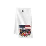 Tractor Designs with Flag on waffle towel - Farm Kitchen Waffle Towel - Buy Individual or as Set - Red Tractor, Flowers Patriotic