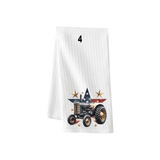 Tractor Designs with Flag on waffle towel - Farm Kitchen Waffle Towel - Buy Individual or as Set - Red Tractor, Flowers Patriotic