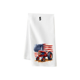 Tractor Designs with Flag on waffle towel - Farm Kitchen Waffle Towel - Buy Individual or as Set - Red Tractor, Flowers Patriotic