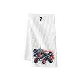 Tractor Designs with Flag on waffle towel - Farm Kitchen Waffle Towel - Buy Individual or as Set - Red Tractor, Flowers Patriotic