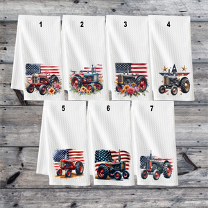 Tractor Designs with Flag on waffle towel - Farm Kitchen Waffle Towel - Buy Individual or as Set - Red Tractor, Flowers Patriotic