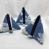 Blue Fabric with Flowers Pyramid Black Zipper Pouch - Triangle Pouch