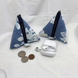 Blue Fabric with Flowers Pyramid Black Zipper Pouch - Triangle Pouch