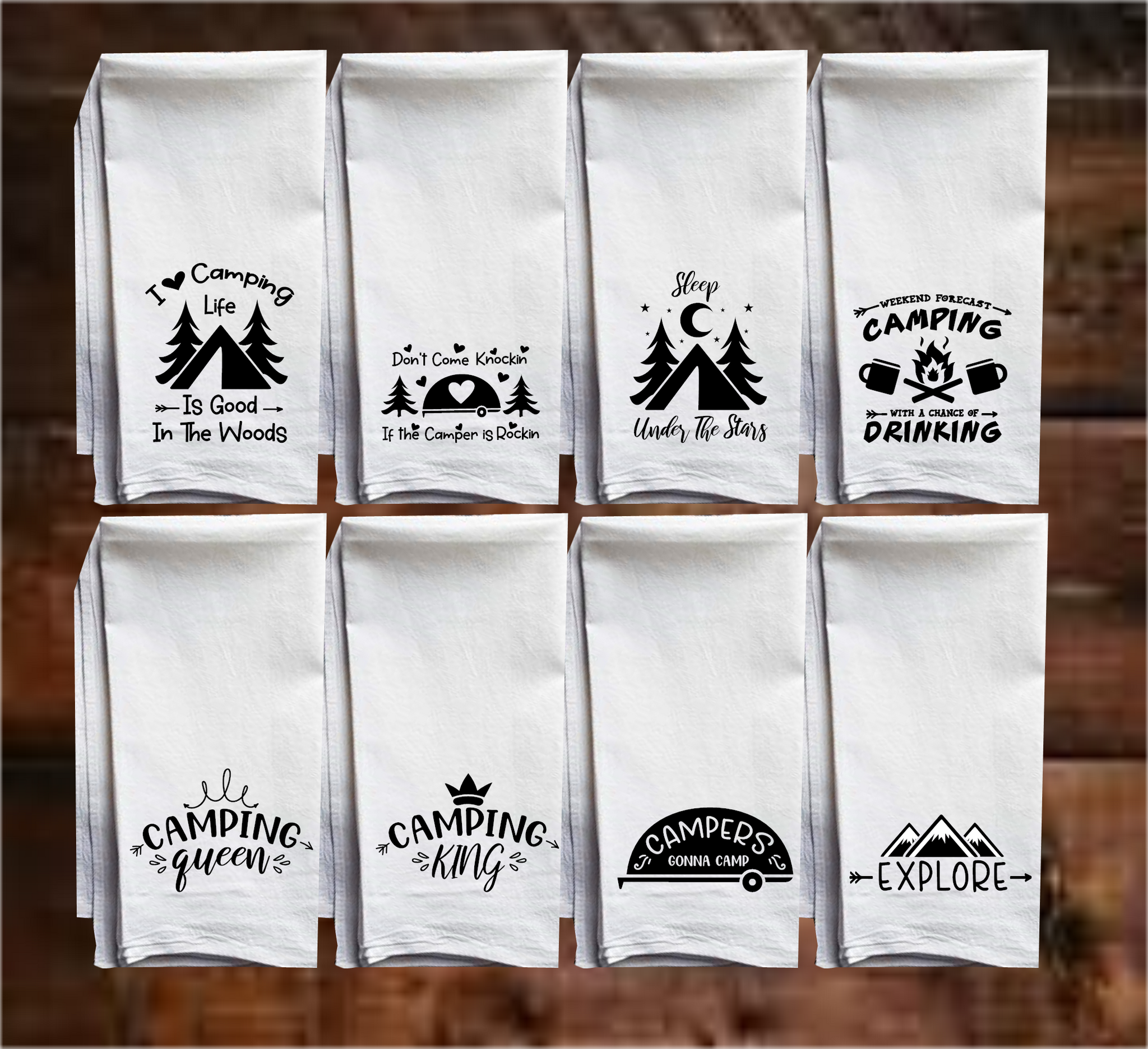 Camping FARMHOUSE 32 FLOUR SACK Designs Tea Towel Designs, Hand Towel, –  Anthem Graphix