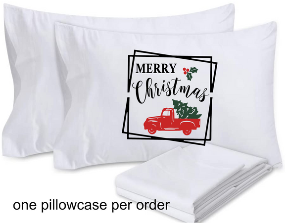 Merry Christmas Standard Size Pillowcase, Red Truck and Tree, One Pillowcase Cover