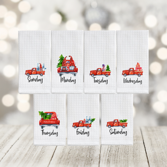 Christmas Gnomes SET - Red Truck Kitchen Waffle Towel - Days of the Week - Buy Individual or as Set - Tree Snowman Gnome