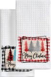 Christmas Tree Buffalo Plaid Red or Black Waffle Kitchen Towels