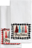 Christmas Tree Buffalo Plaid Red or Black Waffle Kitchen Towels
