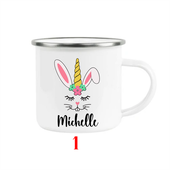 Personalized Kids Easter Camp Mug GIRLS - Holiday Gift, 10oz Metal Camp Mug Silver Rim Unicorn, Gnome, Split Bunny
