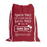 Personalized Santa Paws Gift Sack for Pet, Boy or Girl animal, Dog Santa Sack Stocking Christmas Bag Xmas Treat Gift Bag